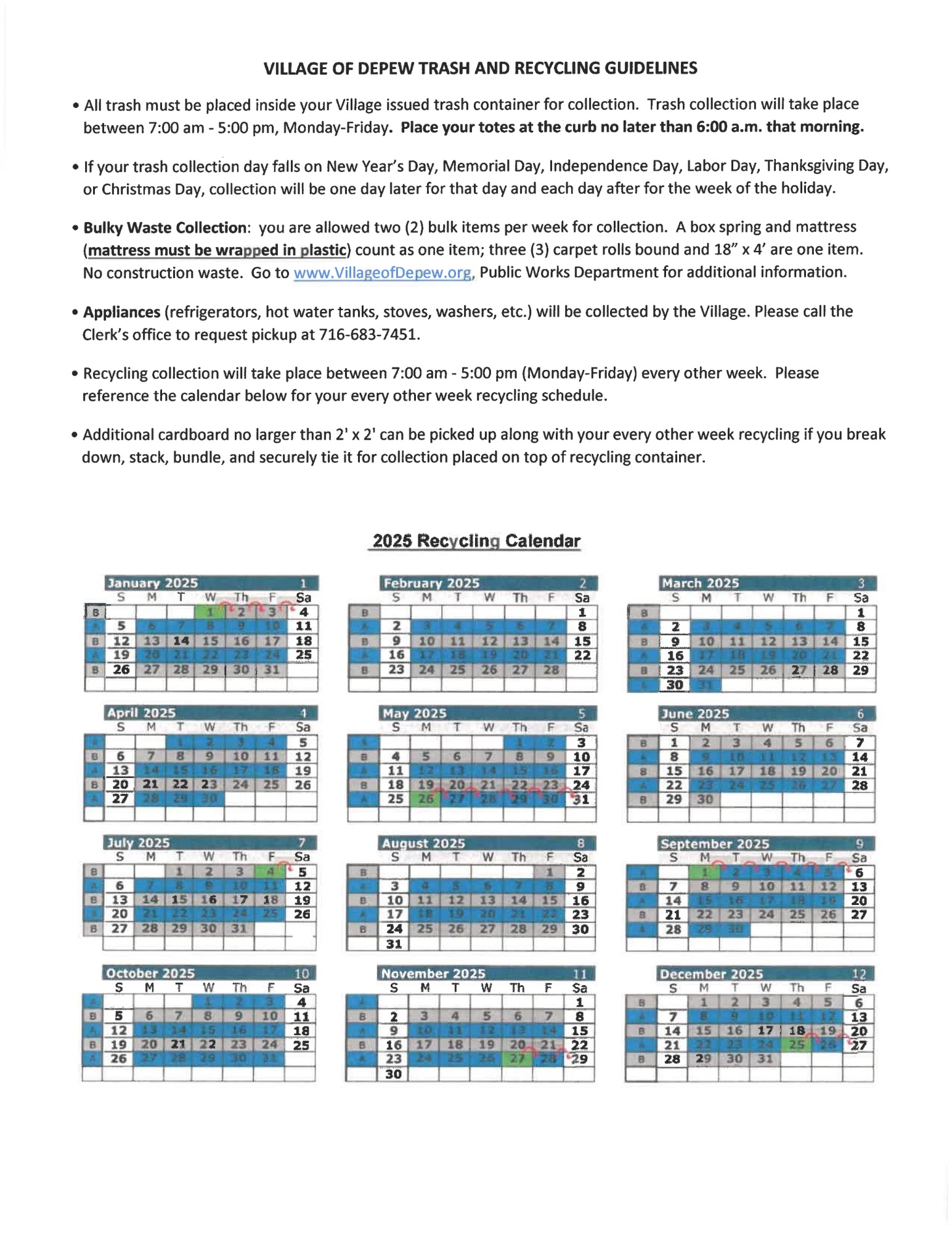 Village of Depew Garbage / Recycling Street List And Calendar